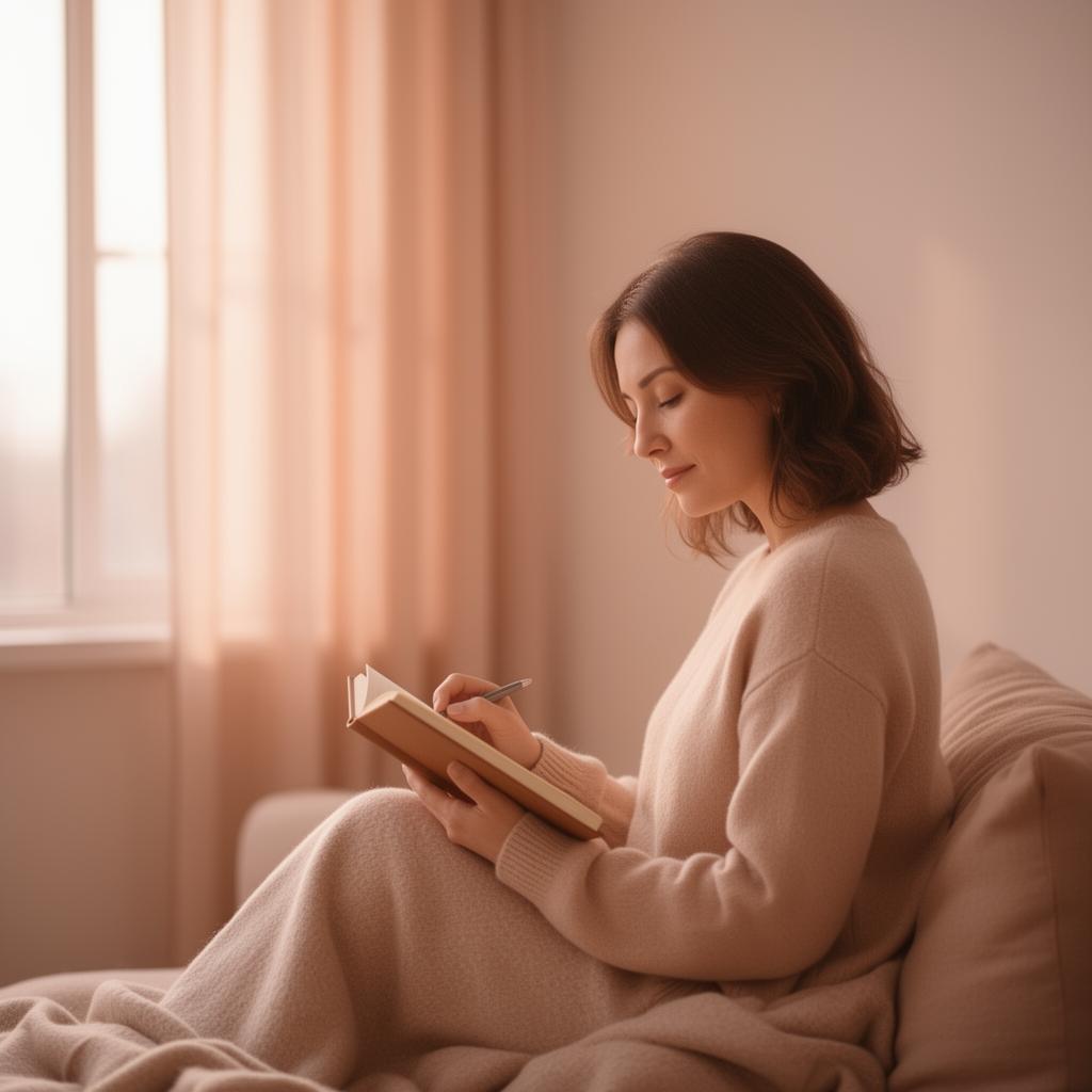 A calm person journaling in soft natural morning light