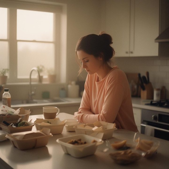 A woman sits quietly in a kitchen surrounded by takeout containers in soft morning light