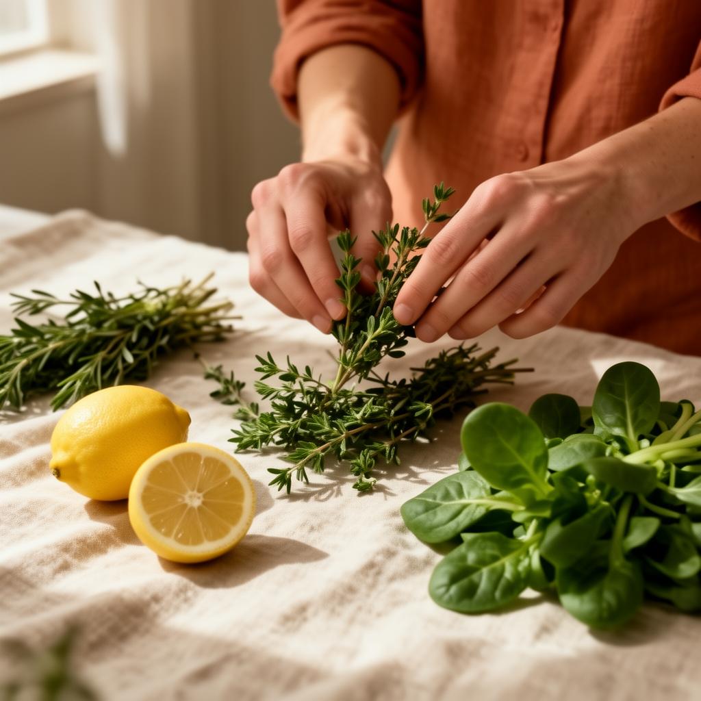 Hands gently arranging herbs, lemon and leafy greens on a linen surface