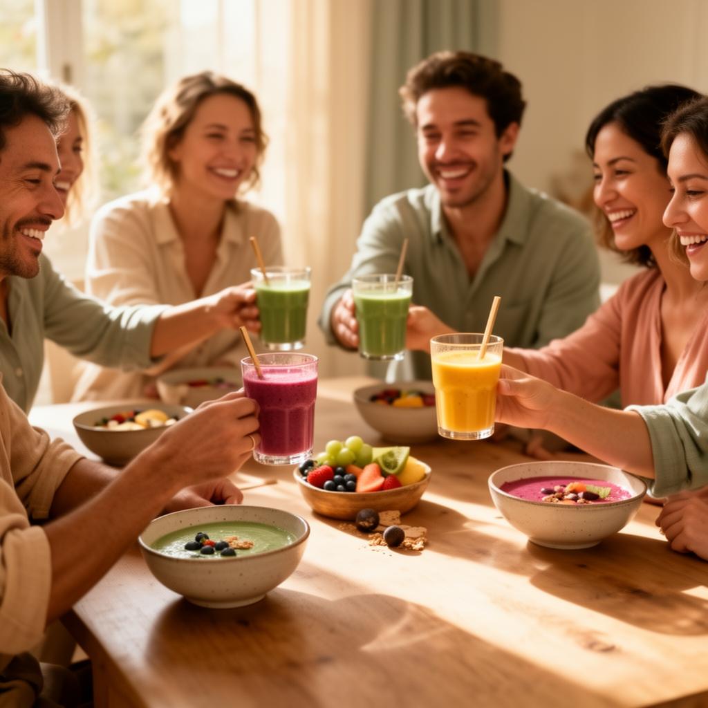 A small warm gathering of friends sharing smoothies and bowls at a sunlit table