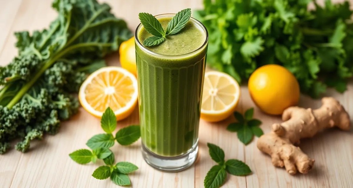 Green detox smoothie with kale, lemon, ginger, and mint