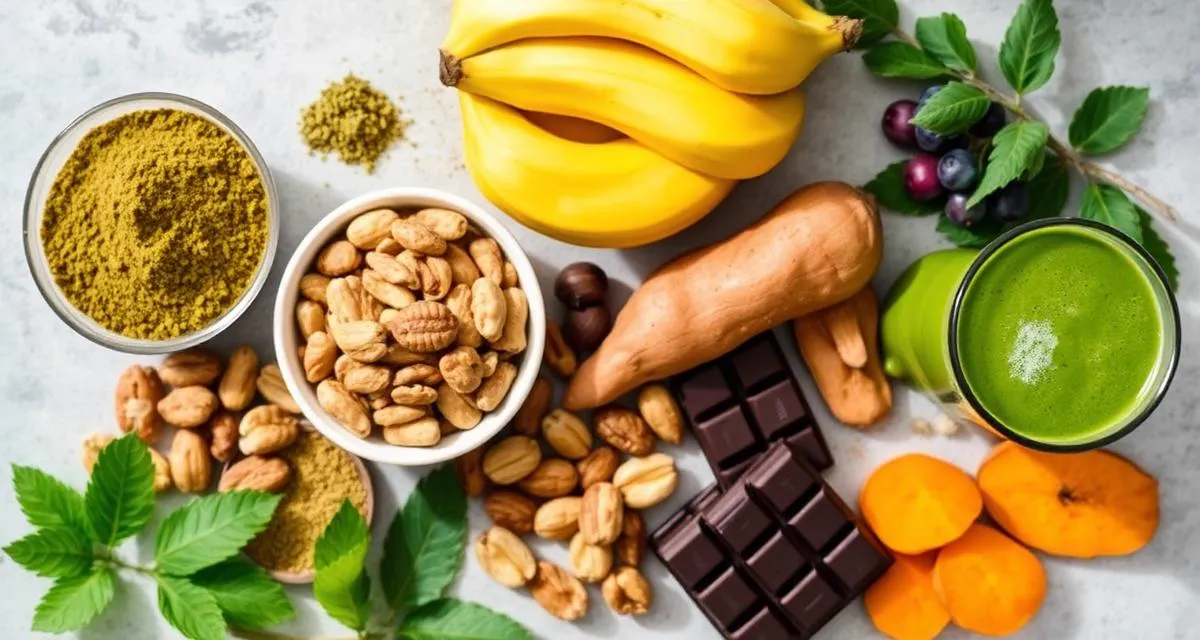 Energy smoothie ingredients — banana, oats, spinach, berries and nut butter