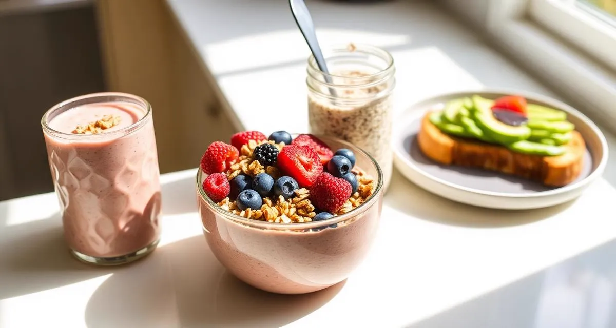 Healthy breakfast spread with smoothie bowl, overnight oats, and avocado toast
