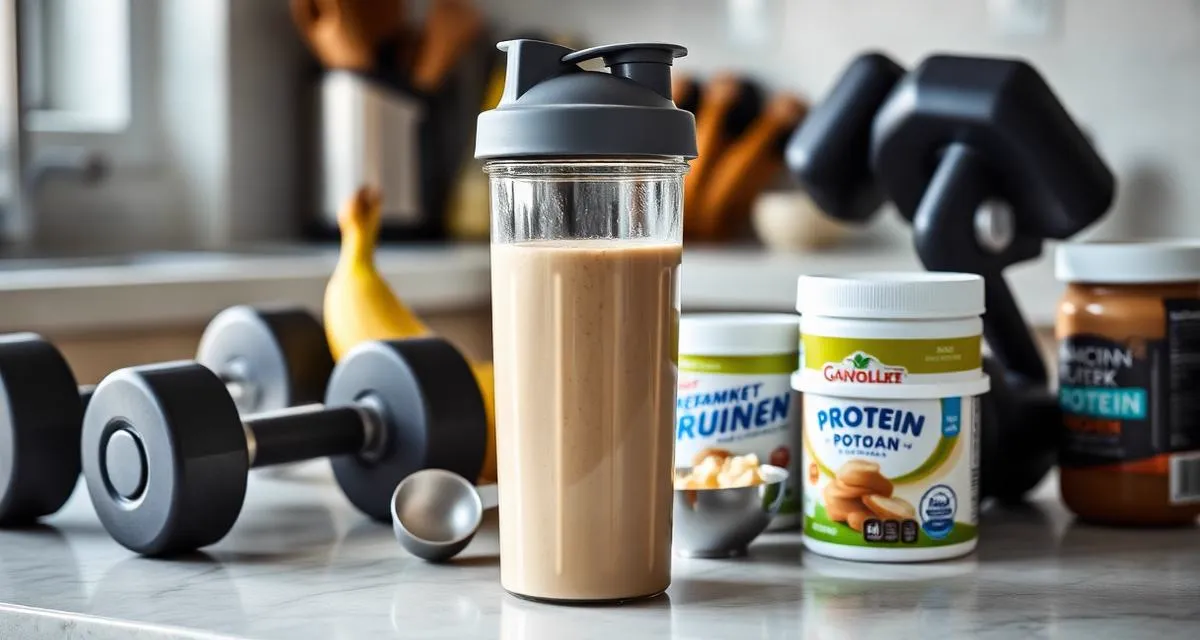 Protein smoothie with shaker bottle, dumbbells, and peanut butter