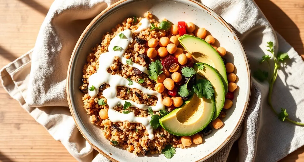 Quinoa power bowl with avocado, chickpeas, and creamy dressing