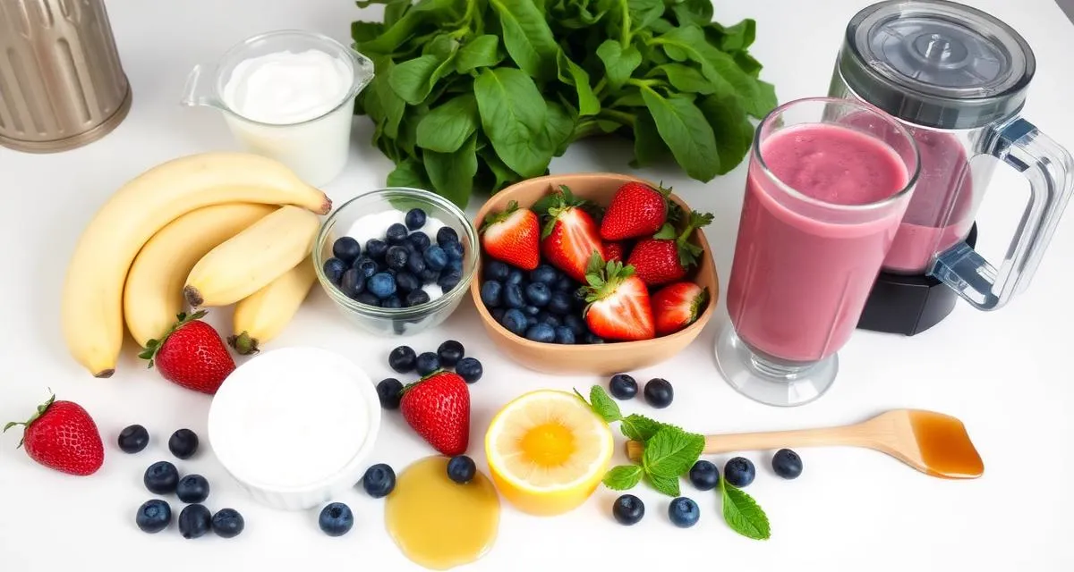 Smoothie ingredients for beginners with blender and fresh fruits