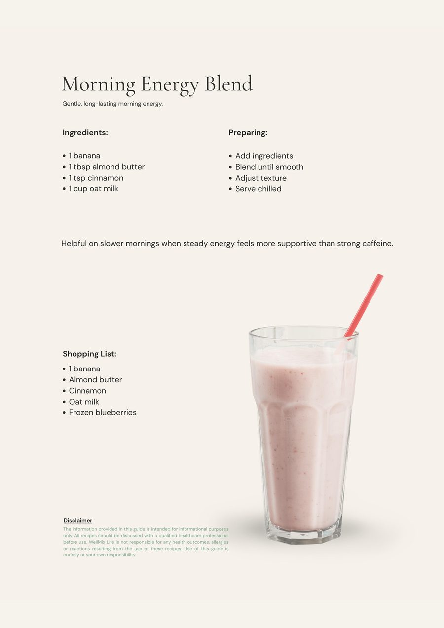 A real recipe page from the WellMixLife Energy Smoothies PDF showing the Morning Energy Blend recipe exactly as it appears in the downloaded Canva PDF