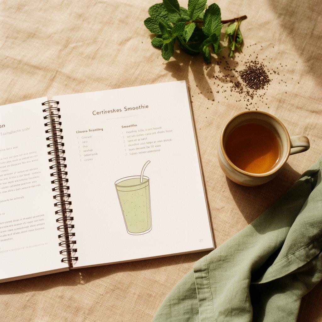 An open spiral-bound recipe booklet on a beige linen cloth next to a ceramic mug of tea, fresh mint and chia seeds, in soft natural daylight