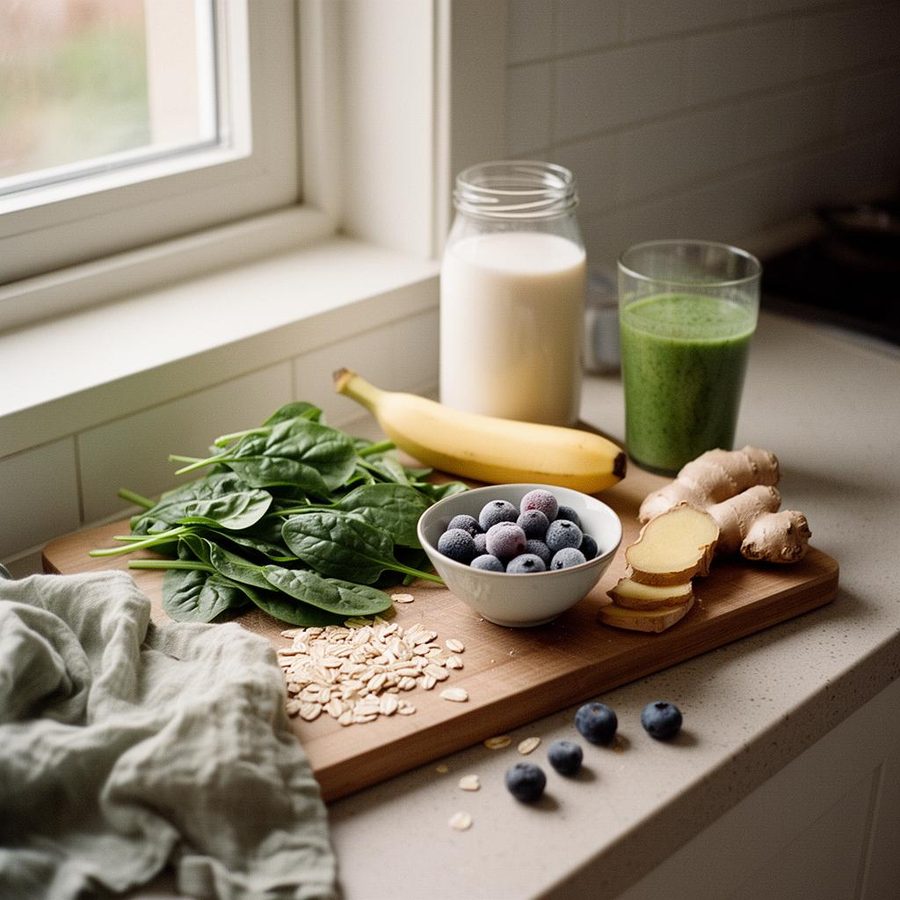 A wooden cutting board on a Scandinavian kitchen counter with spinach, banana, blueberries, ginger, oats and a glass of green smoothie in soft daylight