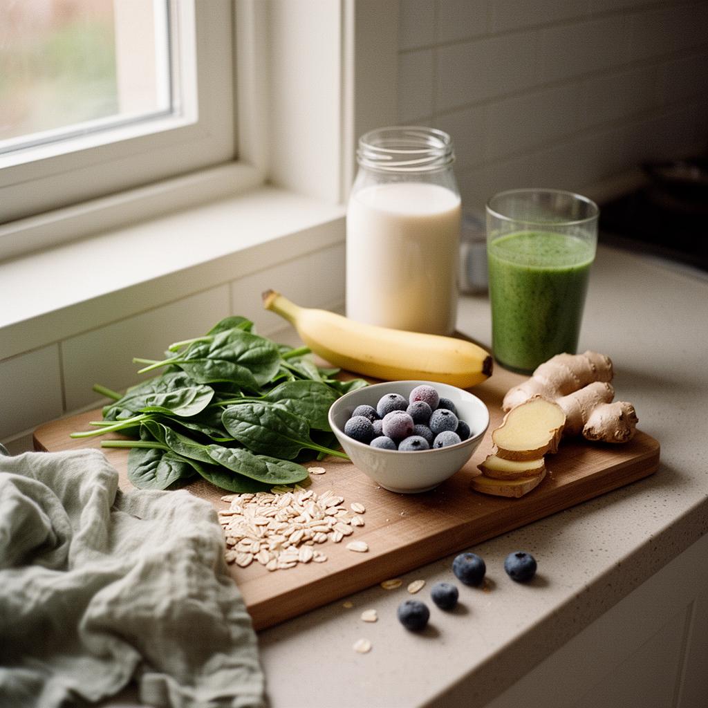 A wooden cutting board on a Scandinavian kitchen counter with spinach, banana, blueberries, ginger, oats and a glass of green smoothie in soft daylight